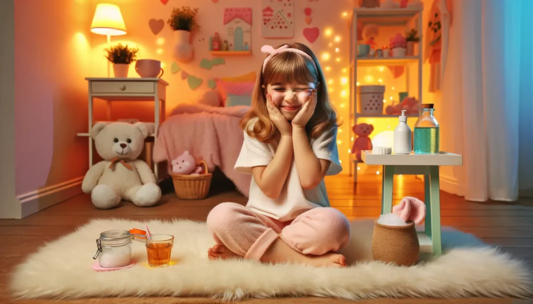 A cute girl is sitting on a fluffy rug in a brightly colored room, holding her cheek with a sweet but pained expression due to toothache.